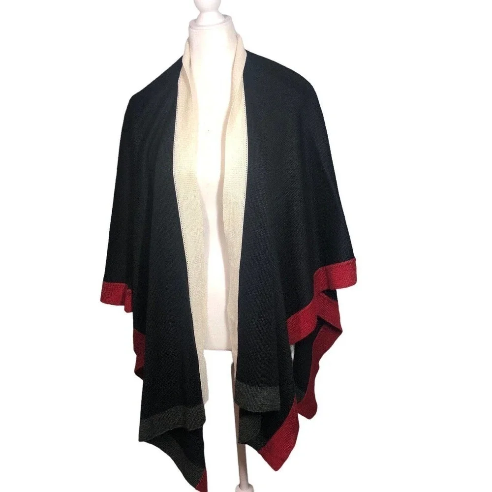 Coldwater Creek Poncho‎ Womens One Size Ruana Wrap Black Red Colorblock Wool New